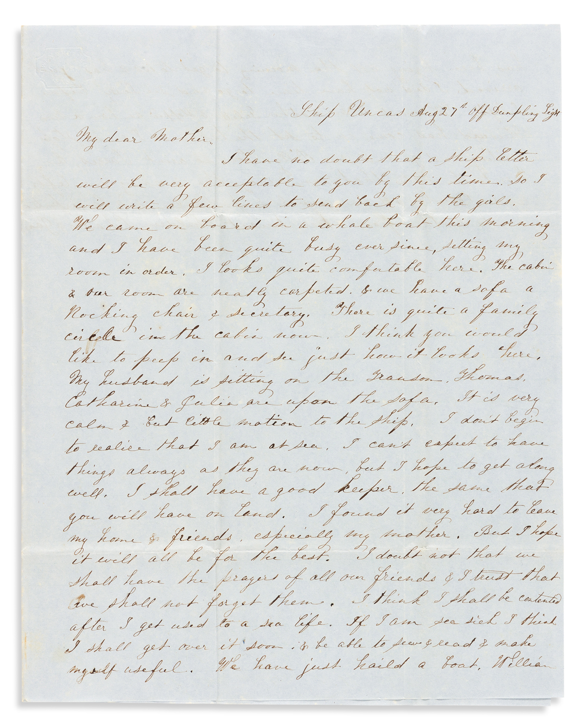Russell, Jane (1819-1914) Archive of Letters, 1840s. Written during a Whaling Voyage, from Hawaii, and Other Ports.